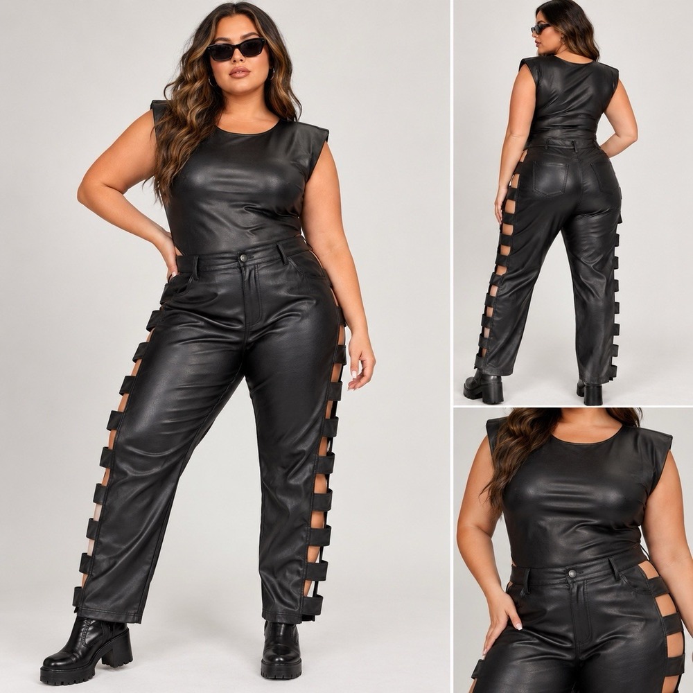 NWT Plus Size 2X Faux Leather Halloween Costume Rocker Punk Bodysuit Pants Set